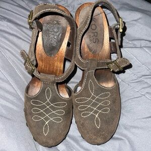 KORS COLLECTION MICHAEL KORS TARA BROWN SUEDE WOODEN HEELED CLOGS//SIZE 7.5